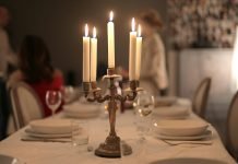 Tavola apparecchiata con candelabro in primo piano